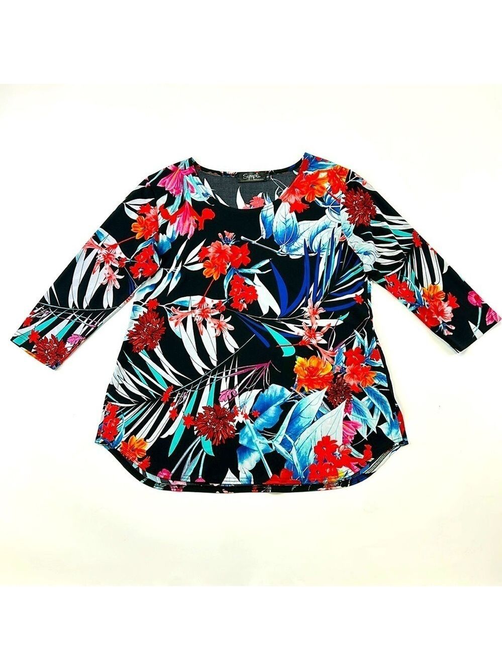Sympli tropical print polyester three quarter sleeve round neck top Size 8
